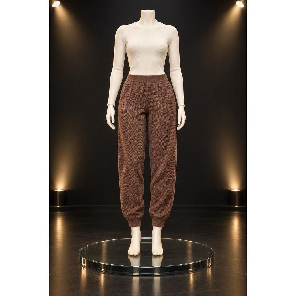 Womens Brown Textured Knit Jogger Pants M Cotton Blend Drawstring Cuffed